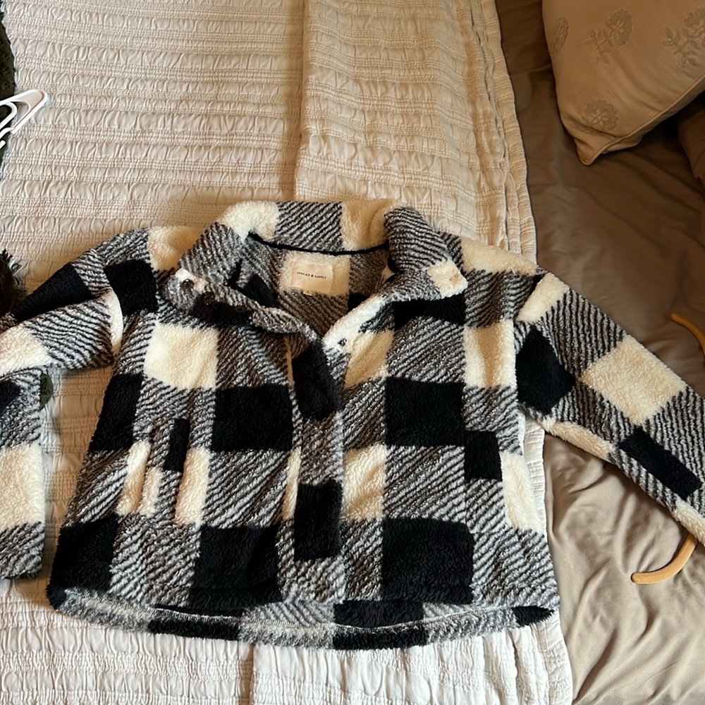 Thread and supply black and white checkered Sherpa button down jacket